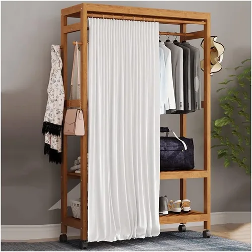 Vista 8 de Perchero de madera independiente para ropa, con 2 estantes de almacenamiento y 4 ganchos, ideal para almacenamiento de ropa de dormitorio