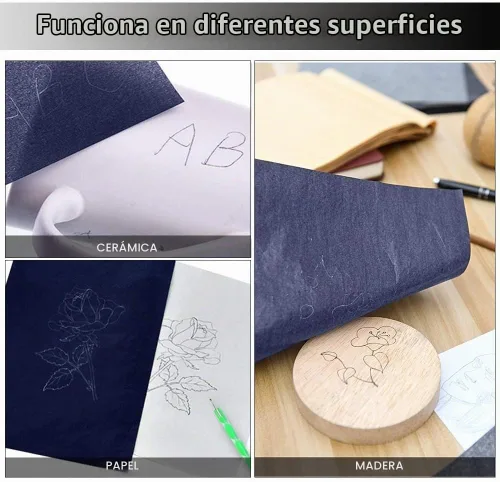 Vista 2 de 100 hojas de papel de transferencia de carbono, papel de copia de carbono azul con 5 lápices capacitivos de doble extremo para madera, papel, lienzo