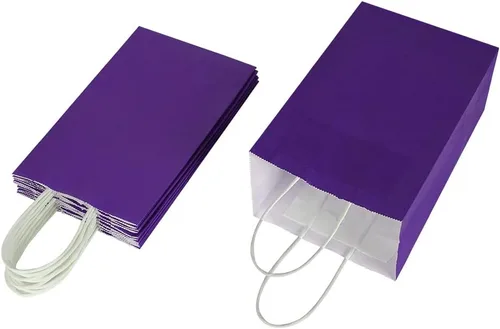 Vista 7 de Oikss Cada paquete de 100 bolsas pequeñas de papel kraft morado y amarillo con asas a granel