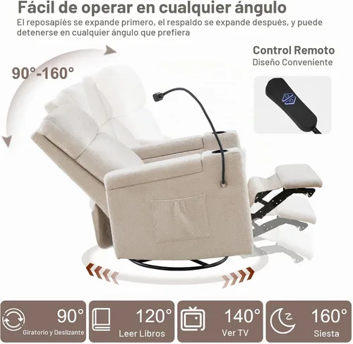 Vista 4 de ABCASA Mecedora reclinable eléctrica para guardería, planeador giratorio Chenille-marrón claro