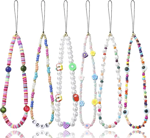 Vista 9 de 6 dijes con cuentas para teléfono, correas con cuentas de frutas, estrellas, perlas falsas y arcoíris, cadenas de teléfono con cuentas para cámara
