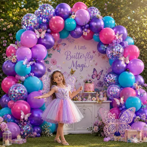 Vista 3 de Globos de látex rosa intenso, azul, morado, 50 globos de látex de 12 pulgadas con confeti metálicos para niños, temática mágica, cumpleaños, baby