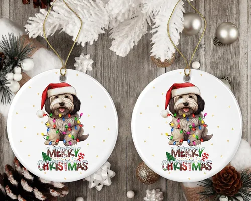 Vista 2 de Adorno de regalo de adopción de perro habanés de Feliz Navidad, adornos de cerámica conmemorativos para la primera Navidad impresos en ambos lados