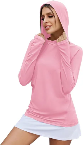Vista 17 de LUYAA - Sudaderas con capucha para mujer, protección solar UPF 50+, transpirables, elásticas, para senderismo, manga larga, para correr Beige