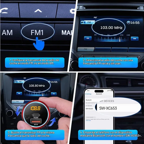 Vista 7 de Syncwire Transmisor FM Bluetooth 5.4 para coche, 38 W PD y QC3.0 Dual USB Carga Bluetooth Adaptador de coche Micrófono y sonido de graves MP3