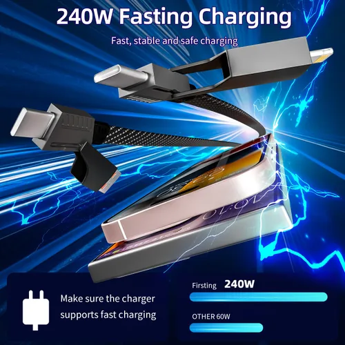 Vista 6 de Cable de carga 4 en 1 de 240 W máximo, cable USB C de carga rápida con chip E-Mark, cable USB A/C a C/Lightning, cable de carga múltiple para iPhone