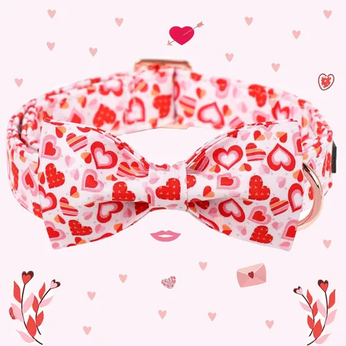 Vista 7 de Maca Bates - Collar de perro para el día de San Valentín con lazo elegante para perros extra pequeños, patrón de corazones rosados, ajustable