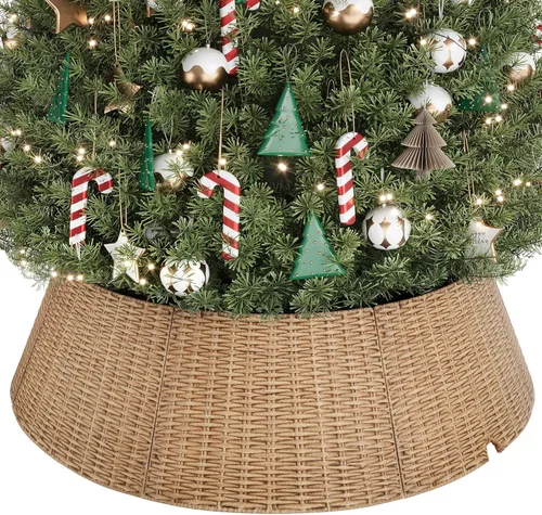 Vista 11 de Collar de mimbre para árbol de Navidad, cubierta de base de árbol PP marrón plano
