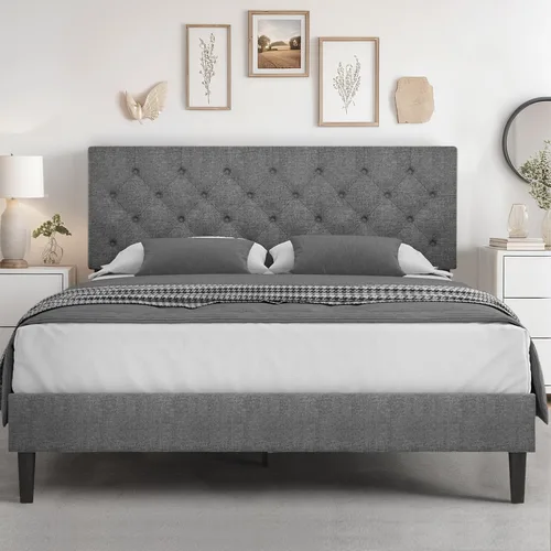 Vista 27 de HOMBCK Base de cama de tamaño individual con cabecera, base de cama tapizada con plataforma de lino para niños, base de cama de tamaño individual