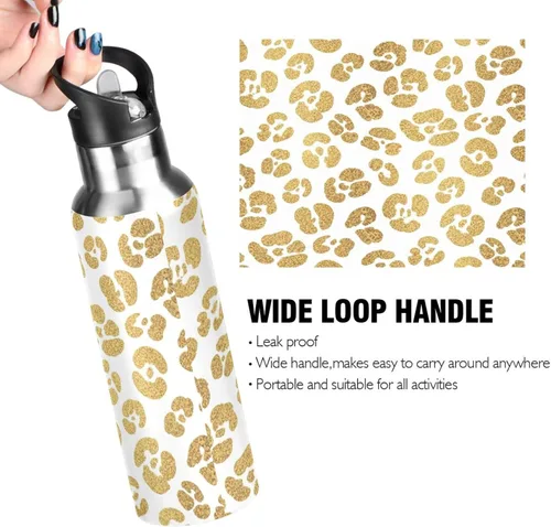 Vista 4 de Gold Leopard Spots White Insulated Water Bottle 32 Oz Leakproof Water Bottles, BPA-Free Sports Water Bottle with Straw