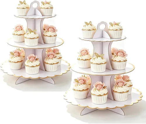 Vista 13 de MRPAPA - Soporte para cupcakes de cartón negro dorado de 3 niveles, torre BLACK-2PCS