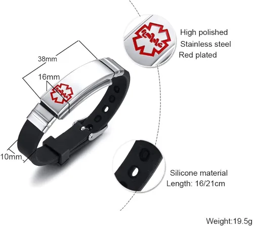 Vista 2 de Free Engraving Unisex Silicone and Stainless Steel Medical Alert ID Bracelets, Adjustable