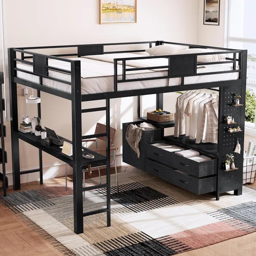 Vista 4 de Cama alta de metal tamaño Queen con escritorio, cajones de almacenamiento y poste de tendedero, marco de cama alta resistente con tablero de Negro
