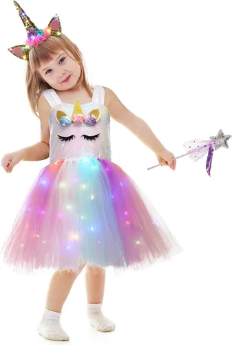 Vista 2 de Girls Unicorn Tutu Costumes Dress Light Up Unicorn LED Headband Princess Birthday Dress Up Clothes Girl Gift