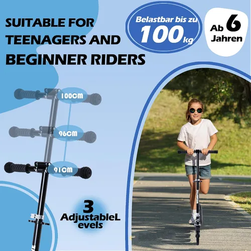 Vista 2 de Patinete para niños a partir de 6 años, adolescentes y adultos, manubrio ajustable, freno trasero, rueda grande plegable para interiores y exteriores