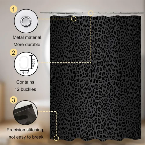 Vista 6 de Cortina de ducha (60" x 72"), estampado de leopardo guepardo negro, tela de poliéster, impermeable, estilo moderno, baño Negro-d1