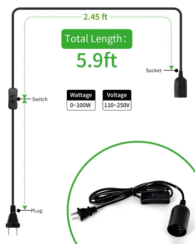 Vista 3 de HESSION - Cable de extensión colgante para farol, cable de lámpara de 5.9 pies, máximo 360 W, interruptor de encendido/apagado E26/E27, iluminación