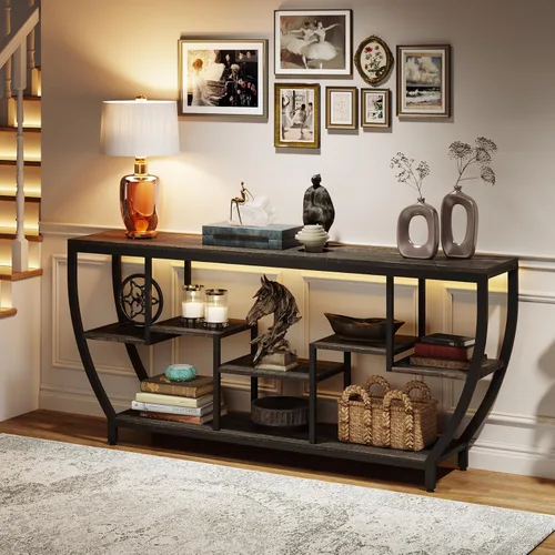 Vista 2 de Tribesigns Mesa de sofá de 70.9 pulgadas de largo con estantes, mesa consola rústica con almacenamiento, mesa de entrada industrial, soporte de TV