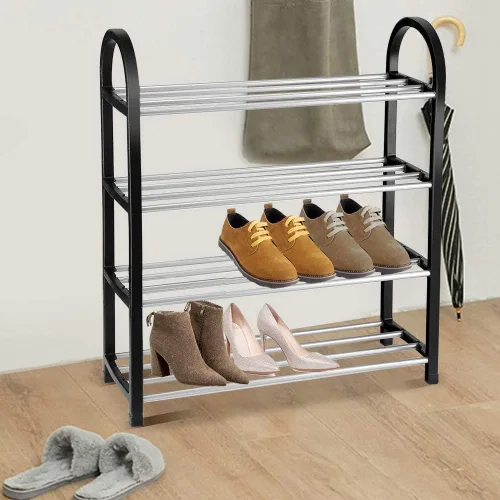 Vista 2 de Zapateros de 4 niveles, estante de zapatos de pie, estante de plástico de aluminio, organizador de zapatos delgado de gran capacidad