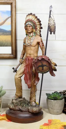 Vista 5 de Ebros Gift Camino de guerra listo para batalla, guerrero indio nativo americano, jefe tribal con tocado de batalla sosteniendo hacha de lanza