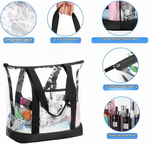 Vista 6 de HAOGUAGUA Bolsa de viaje de maquillaje cosmética transparente extra grande, bolsa de hombro de PVC transparente impermeable con asas (Negro)