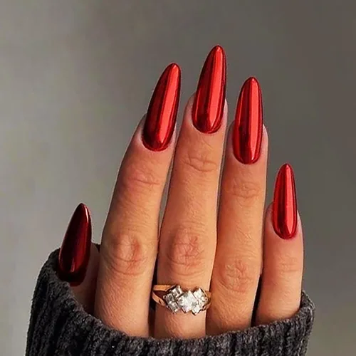 Vista 19 de Uñas postizas a presión cromadas de bronce y almendra mediana, uñas postizas de aguja con diseño brillante, uñas postizas acrílicas de metal
