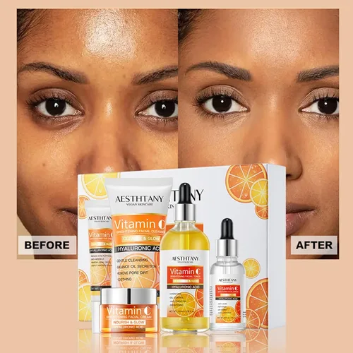 Vista 5 de Set de cuidado de la piel con vitamina C para mujeres, rutina hidratante 5 en 1 con ácido hialurónico con limpiador facial, suero, crema facial