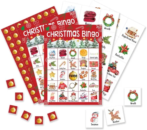 Vista 4 de Tarjetas de bingo de Navidad Foosproea, juegos de bingo de Nochebuena para 24 jugadores, juegos de Navidad para amigos familiares actividades