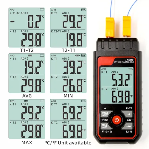 Vista 3 de Termómetro de termopar digital de doble canal tipo K/J -328 ~ 2501℉ Medidor de temperatura HVAC con 4 sondas de termopar tipo k, alarma