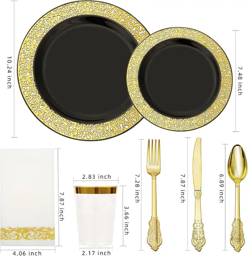 Vista 2 de El juego de vajilla de plástico dorado de 350 piezas incluye platos desechables negros con cubiertos de plástico dorado únicos, servilletas de lino