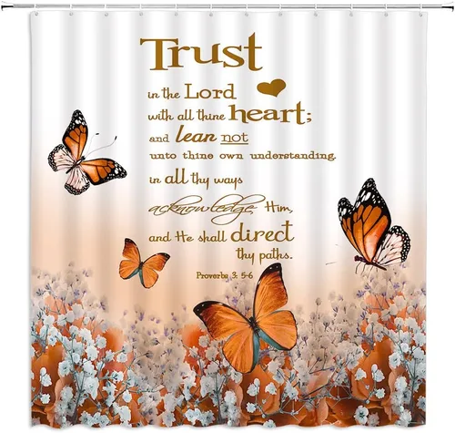 Vista 4 de GCTNBJL Cortina de ducha con cita inspiradora, diseño de mariposa y flores azules y verde azulado con texto en inglés "Trust in the Lord