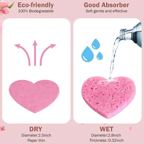 Vista 2 de Dandat 300 esponjas faciales comprimidas en forma de corazón, esponjas faciales para limpieza, almohadillas exfoliantes faciales naturales para Rosa