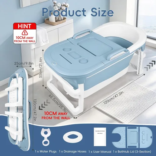 Vista 2 de Foldable Bathtub for Adults Portable Collapsible Soaking Tub Blue
