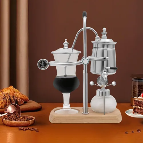 Vista 3 de Cafetera de sifón vintage, cafetera de sifón, elegante sistema de cafeteras retro, cafetera plateada con lámpara de alcohol para un rico sabor