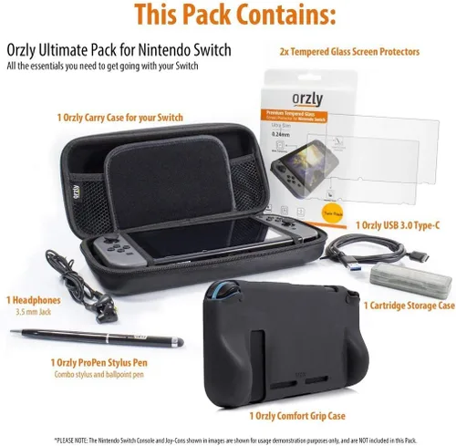 Vista 5 de Switch Accessories Bundle - Orzly Essentials Pack for Nintendo switch Case & Screen Protector, Grip Case, Games Holder, Headphones - Classic Black