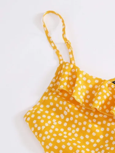 Vista 4 de Romwe Vestido de verano floral bohemio para mujer, con tirantes delgados, cuello en V, con volantes, nudo de lazo