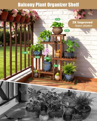 Vista 2 de Soporte para plantas de madera carbonizada, estantes de plantas de 6 niveles para interiores, estante de madera estrecho que ahorra espacio