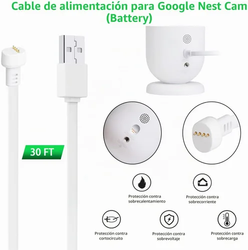 Vista 3 de wochel - Cable de alimentación compatible con Google Nest Cam para exteriores o interiores, batería, 30 pies, resistente a la intemperie, cable