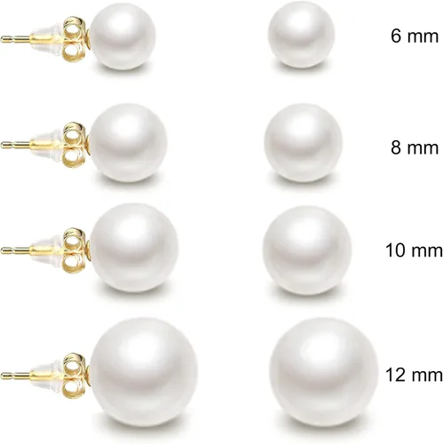 Vista 4 de Cowlyn Pendientes redondos de plata de ley chapada en oro de 18 quilates con perlas de concha de imitación blanca