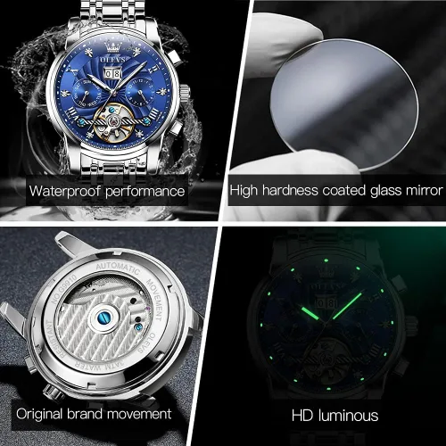 Vista 47 de OLEVS Relojes automáticos para hombre, oro de lujo, vestido de diamantes de cuerda automática, esqueleto mecánico, Tourbillon, reloj de pulsera