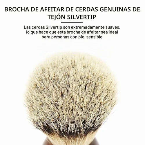 Vista 3 de Brocha de afeitar Parker Safety Razor con cerdas 100 % de pelo de tejón plata y mango de imitación de cuerno, con soporte incluido.