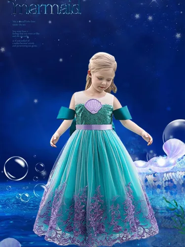 Vista 3 de keaiyouhuo Vestido de princesa sirena 3-13T para niñas, disfraz de cosplay, vestido de fiesta de cumpleaños + peluca roja
