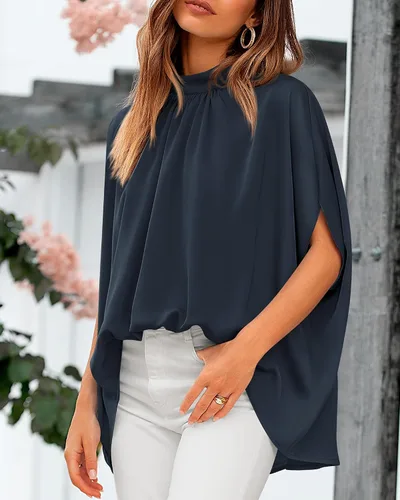 Vista 134 de BTFBM Blusas de verano para mujer, cuello alto falso, manga murciélago, holgadas, dobladillo alto y bajo, blusas informales de gran