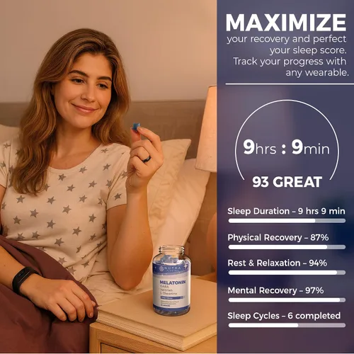 Vista 5 de Gomitas de melatonina de 10 mg con L-teanina + raíz de valeriana y GABA - Gomitas para dormir y restaurar para adultos - Apoyo nocturno natural