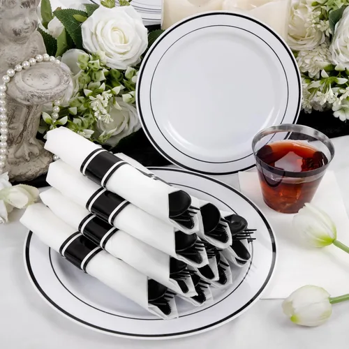 Vista 3 de WELLIFE 210 vajilla de plástico negro con servilletas preenrolladas, incluye: 30 platos llanos, 30 platos de postre, 30 servilletas de papel, 30