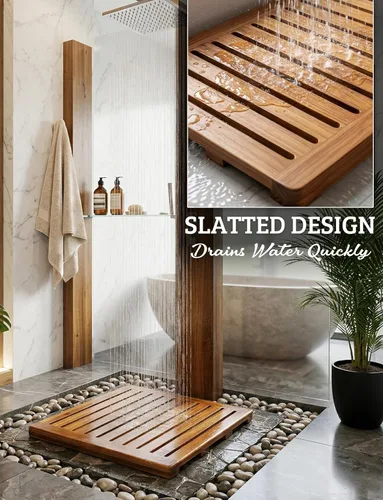 Vista 5 de Alfombra de ducha de madera de acacia 21x21 pulgadas de Demigo, lujosa alfombra de baño antideslizante para baño, bañera, ducha, spa, jardín, hogar