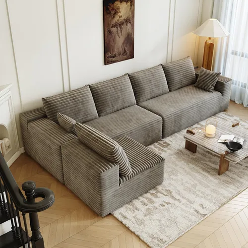 Vista 34 de Sofá modular modular de 139.4 pulgadas, sofás minimalistas en forma de L con diván de asiento medio, moderno sofá convertible de asiento profundo
