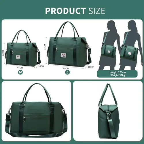 Vista 2 de FIORETTO Bolsa de viaje para fin de semana, bolsas de noche con bolsa de transporte para mujer, Verde oscuro