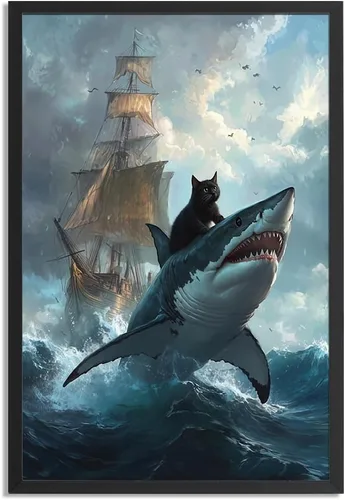 Vista 10 de Arte de pared divertido enmarcado de gato Monet Waterlily Cat Poster para habitación decoración estética, lindas imágenes de gato negro, impresiones