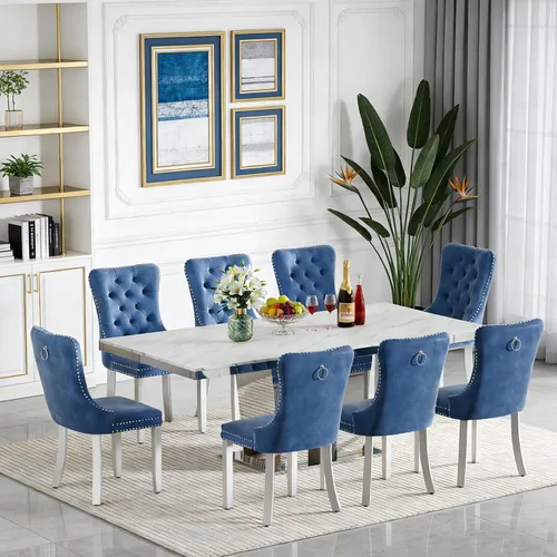Vista 36 de Juego de mesa de comedor extensible de 63 a 79 pulgadas para 4, moderna mesa de cocina expandible con 4 sillas de terciopelo, mesa de madera gruesa